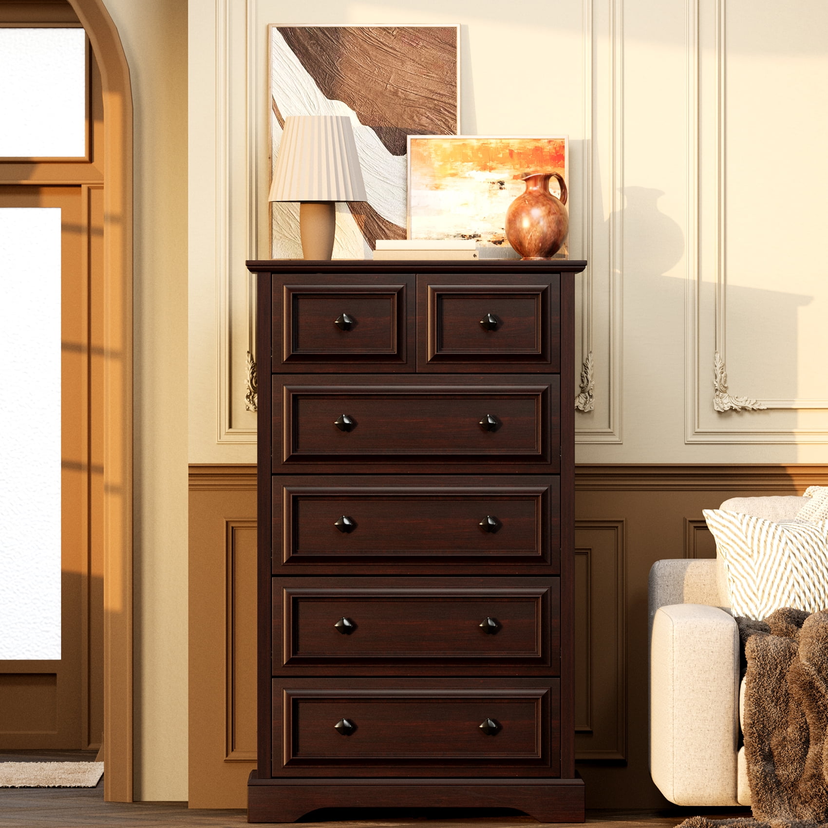 Winkalon 6 Drawer Tall Dresser, 48"H Chest of Drawers, Wooden Storage Cabinet for Bedroom, Cherry