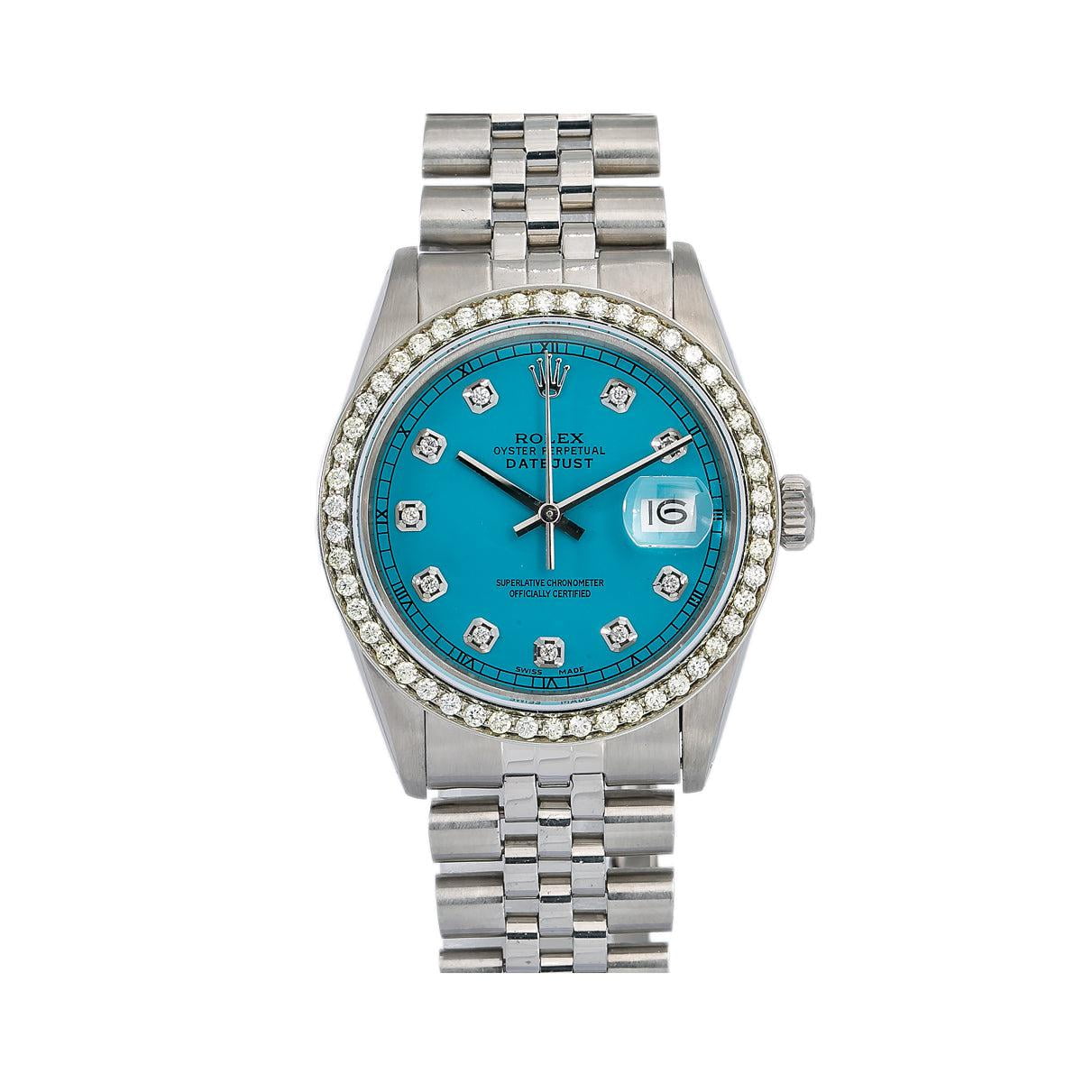 Pre-Owned Rolex Datejust Diamond Watch, 16014 36mm, Blue Custom Diamond Dial With Stainless Steel Ju
