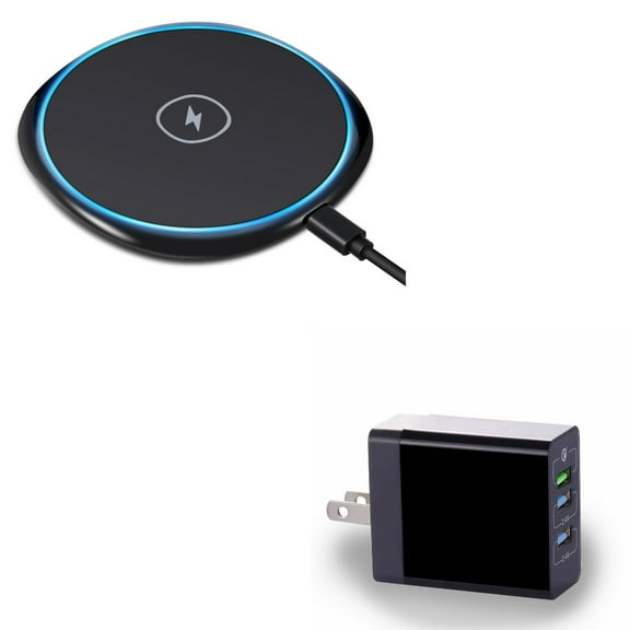 7.5W and 10W Fast Charge Wireless Charger Slim Charging Pad w 34W 6.8Amp 3-Port Travel Home Wall AC USB Charger w Fast Port Q9A for Blackberry Z30 - BLU Vivo XI Plus - Google Pixel 3 XL