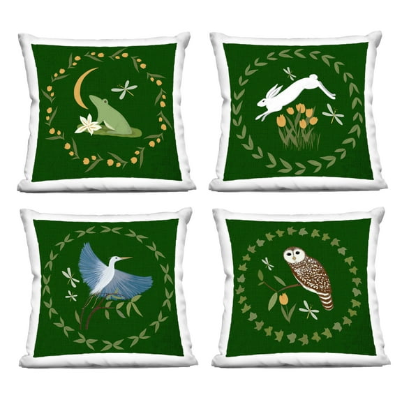 Stupell Industries Animals with Circular Wreaths 18" x 18" Animals Floral Print Polyester Decorative Pillow Set, Zip Closure 4 Count