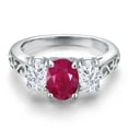 thumbnail image 3 of Gem Stone King 925 Sterling Silver Red Ruby and White Moissanite Filigree Style 3 Stone Ring for Women (2.60 Cttw, Oval 8X6MM and 6X4MM) (Size 5), 3 of 6