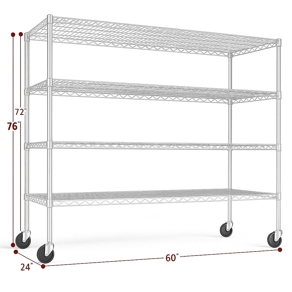 Sailvan 4-Tier Heavy Duty Metal Storage Rack, 60"W x 24"D x 72"H, 2400LBS Capacity Adjustable Wire Shelving Unit with Wheels for Garage Pantry,Silver