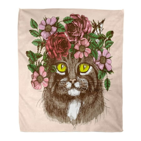 ASHLEIGH Throw Blanket 58x80 Inches Boho Maine Coon Cat Portrait with Floral Wreath for Your Design Hippie Tattoo Warm Flannel Soft Blanket for Couch Sofa Bed