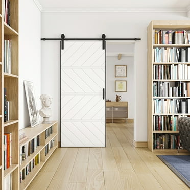 36 in. x 84 in. Paneled 4 Segments Wave Design White MDF Prefinished Barn Door Slab with Installation Hardware Kit