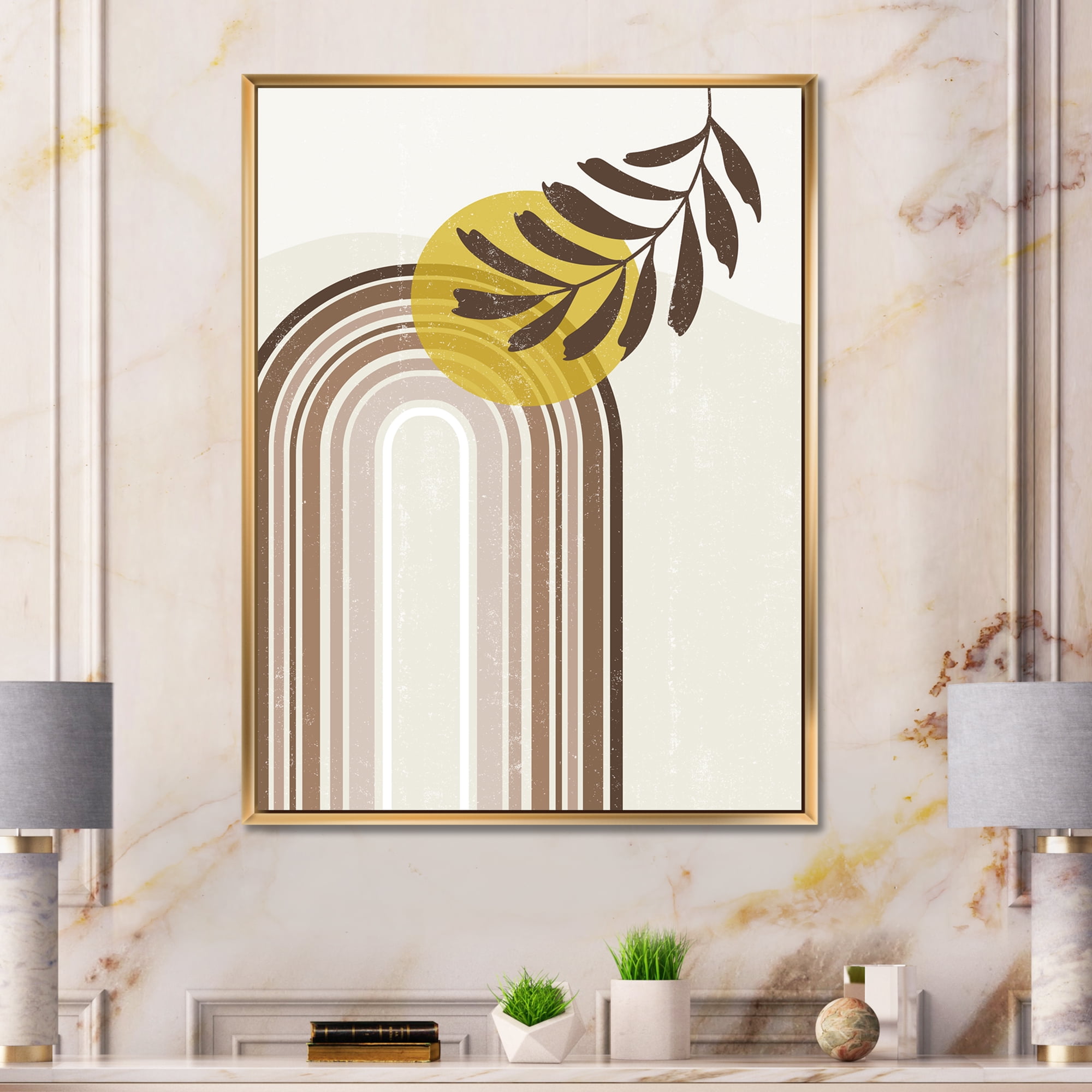 Designart 'Abstract Moon and Sun With Leaf In Earth Tones' Modern Framed Canvas Wall Art Print