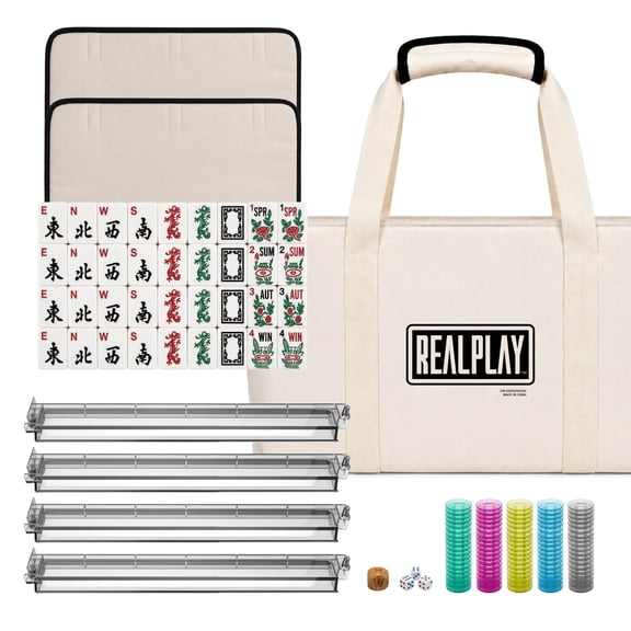 Realplay Mahjong Game Set – Complete Mahjong Tile Set with 166 Mahjong Tiles, Trays, Dice & Carry Bag