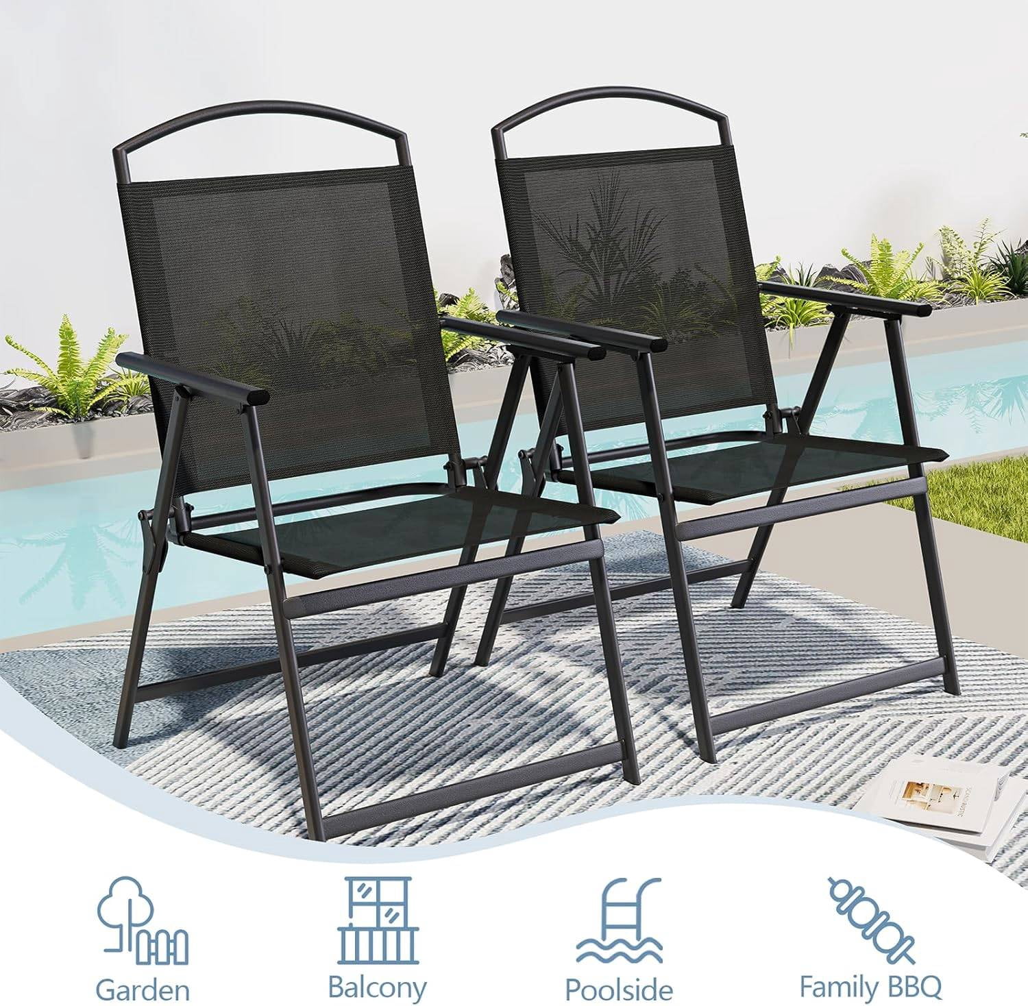Folding Patio Chairs Set of 2, Outdoor Dining Chairs with Armrests, Breathable Textilene & Steel Frame for Lawn, Garden, Yard or Poolside - Black
