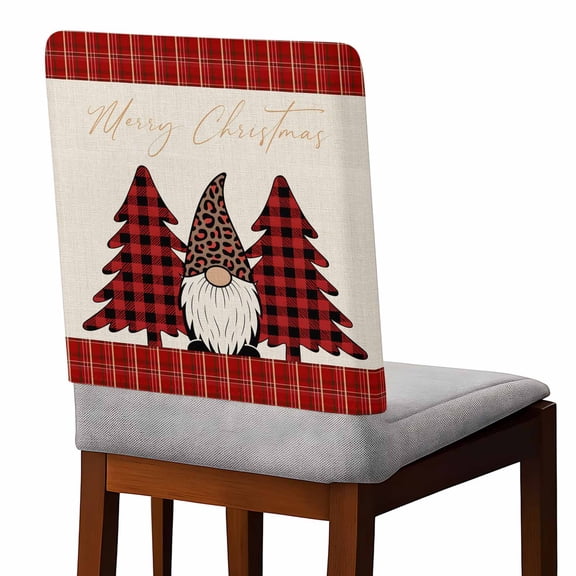 Retro Winter Gnome Chair Covers Set of 6 Red Black Plaid Merry Christmas Tree Chair Back Covers Stretch Removable Washable Slipcovers Protector for Dining Room Kitchen Party Decor