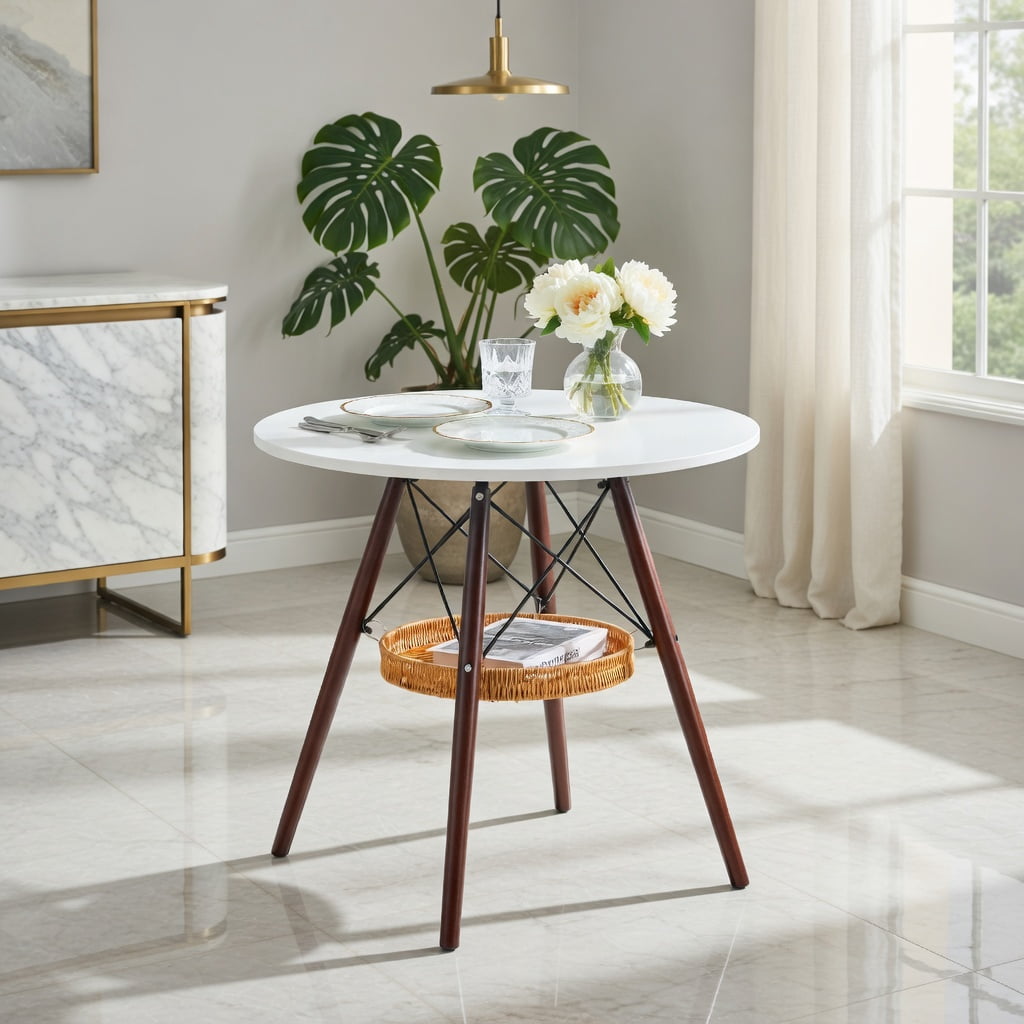 Hommoo 31.5" Round Dining Table with Walnut Solid Wood Legs, White MDF Vacuum-Formed Top & Under-Mount Woven Storage Basket, Modern Nordic Coffee Table for Small Spaces, White & Brown