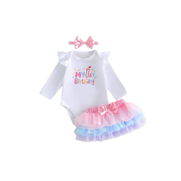 BemeyourBBs Baby Girl First Birthday Outfit 1Years Old 1st Birthday Clothes Letter Print Long Sleeve Romper Tulle Tutu Skirt and Bow Headband 3 Pcs Clothing Set