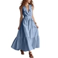 thumbnail image 5 of Women's Maxi Dress V Neck Sleeveless Ruffle Trim Tie Waist Tiered Dress Flowy Casual Summer Vacation Sundress Sky Blue S, 5 of 5