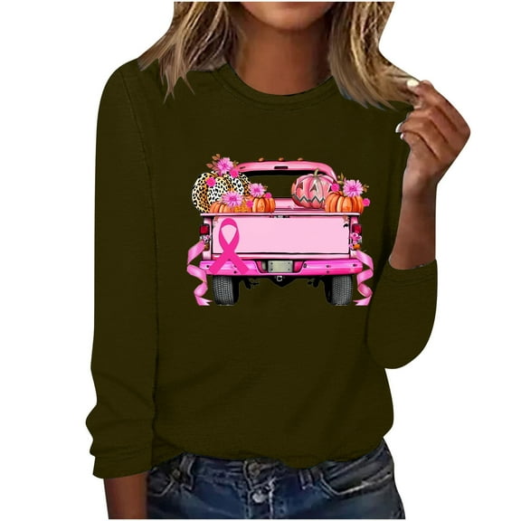 CLOISE Breast Cancer Shirts Women Long Sleeve Crewneck Shirts Ribbon Oversized Breast Cancer Fight Tops Cute Comfy Tshirts Cancer Survivor Gifts Outfits Army Green XL