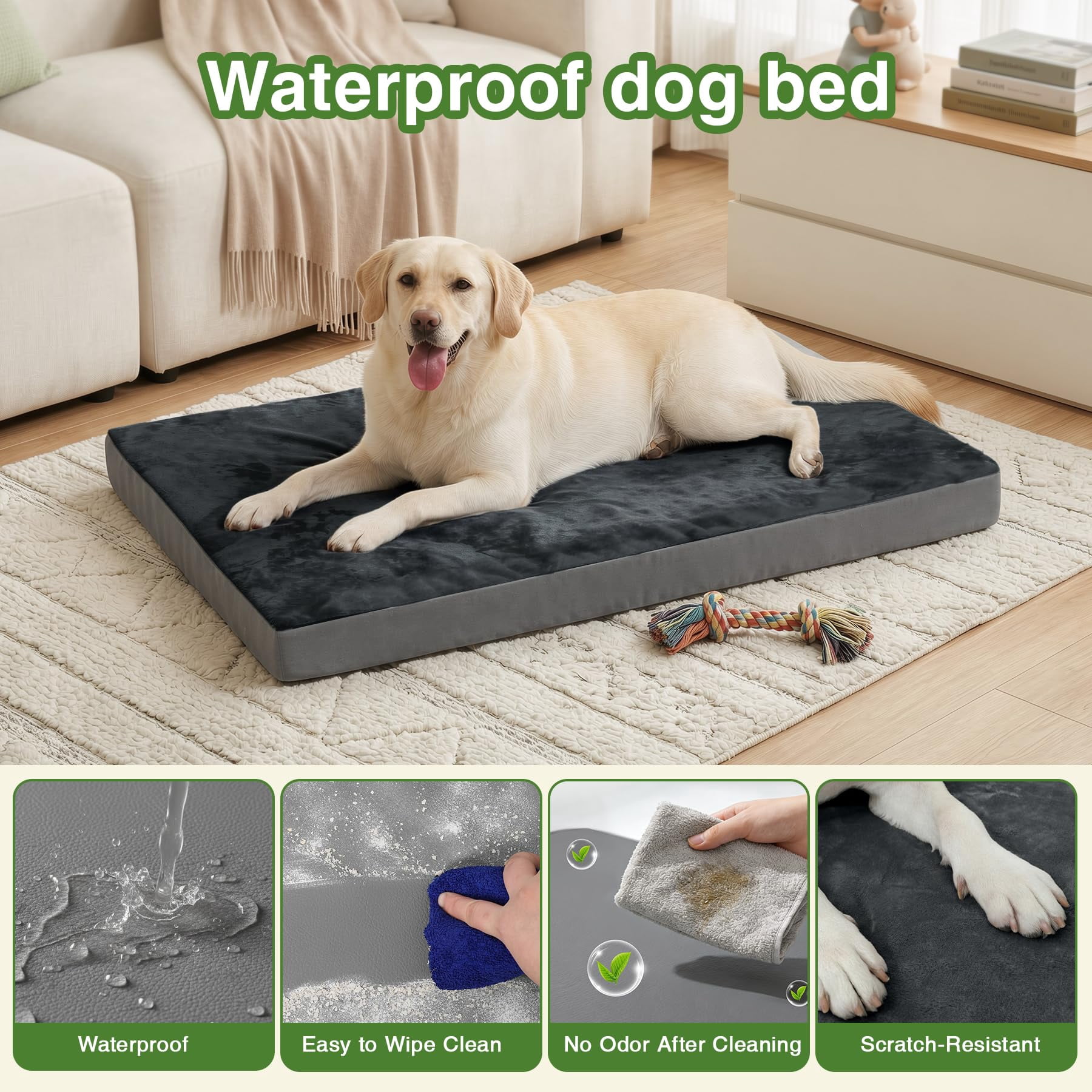 Waterproof Xl Dog Beds Large Sized  Outdoor Washable Crate Pad 42 Inch Extra Foam Pet Bed With Removable Cover Reversible Xlarge Anti-slip Kennel 41"x27" Dark Gray