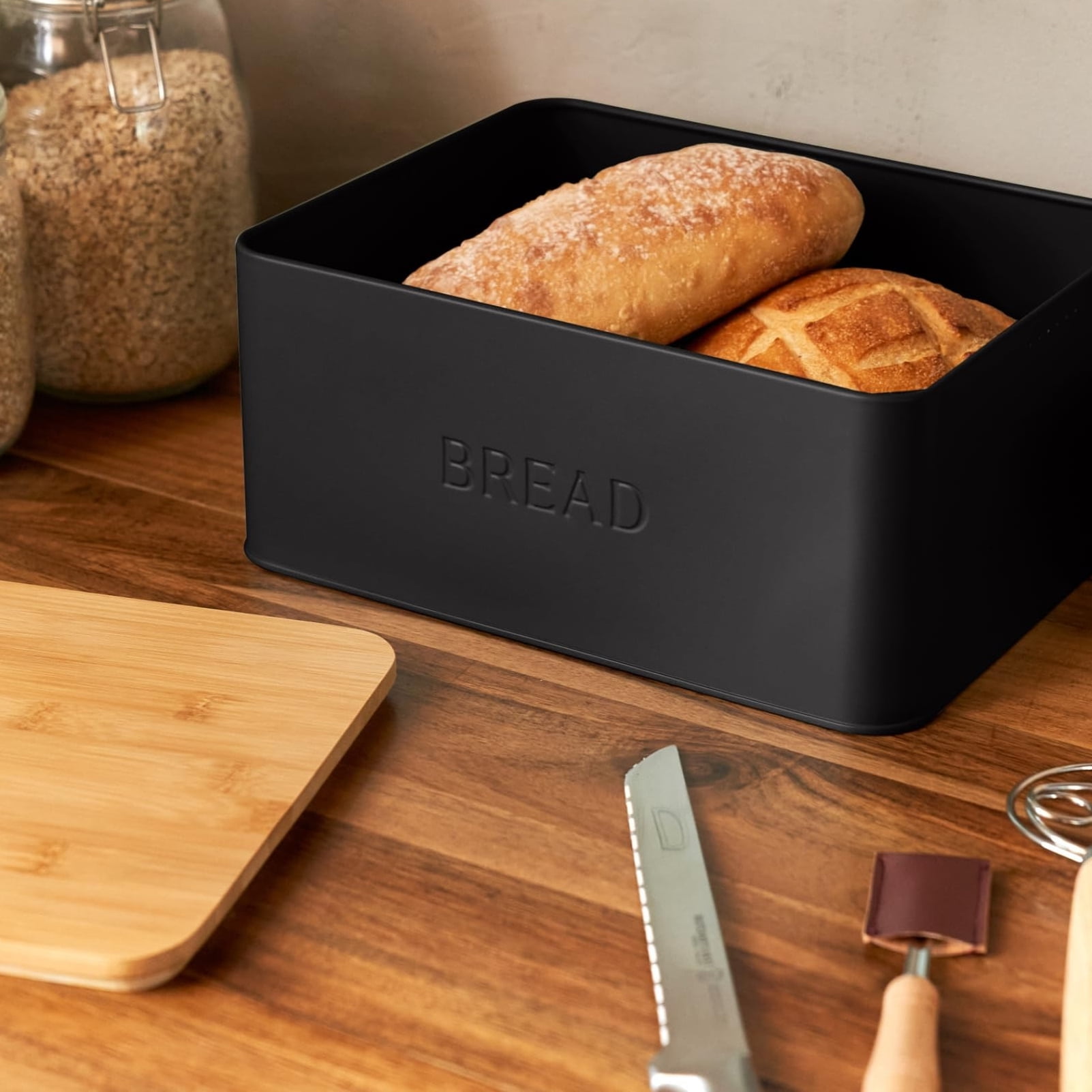 Stylish Bread Box with Wooden Lid for Kitchen Countertop, Spacious Storage Container for Homemade Bread Muffins Bagels, Premium Cutting Board Lid Keeps Bread Fresh