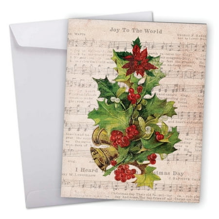 Festive Christmas Cards J6650BXSG Jumbo Merry Christmas Card: 'Holly Notes' Featuring Festive Holiday Foliage Atop Vintage Christmas Carol Song Sheets Greeting Card with Envelope by The Best Card Company ()