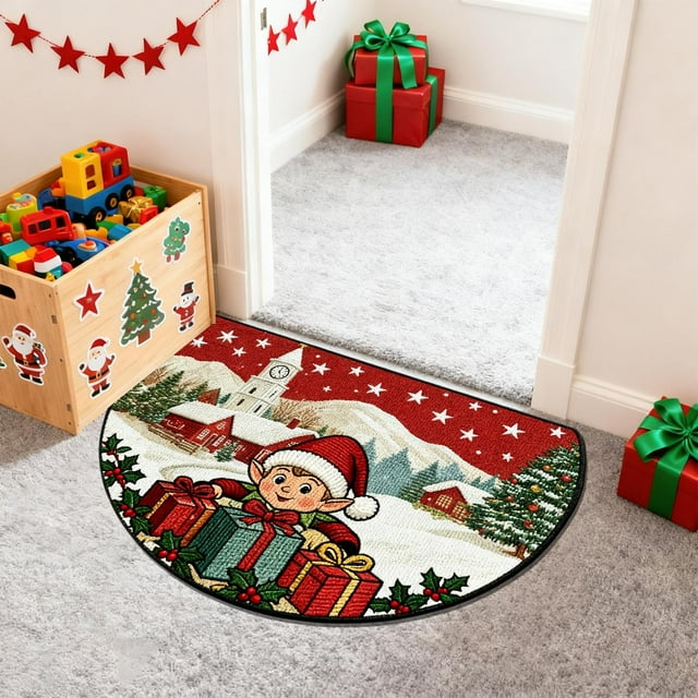 Todaioua Semicircle Christmas Doormat 40x60cm - Non-Slip Absorbent Kitchen Rug, Washable Polyester Holiday Floor Mat for Indoor Outdoor Entryway, Bathroom & Porch Decor