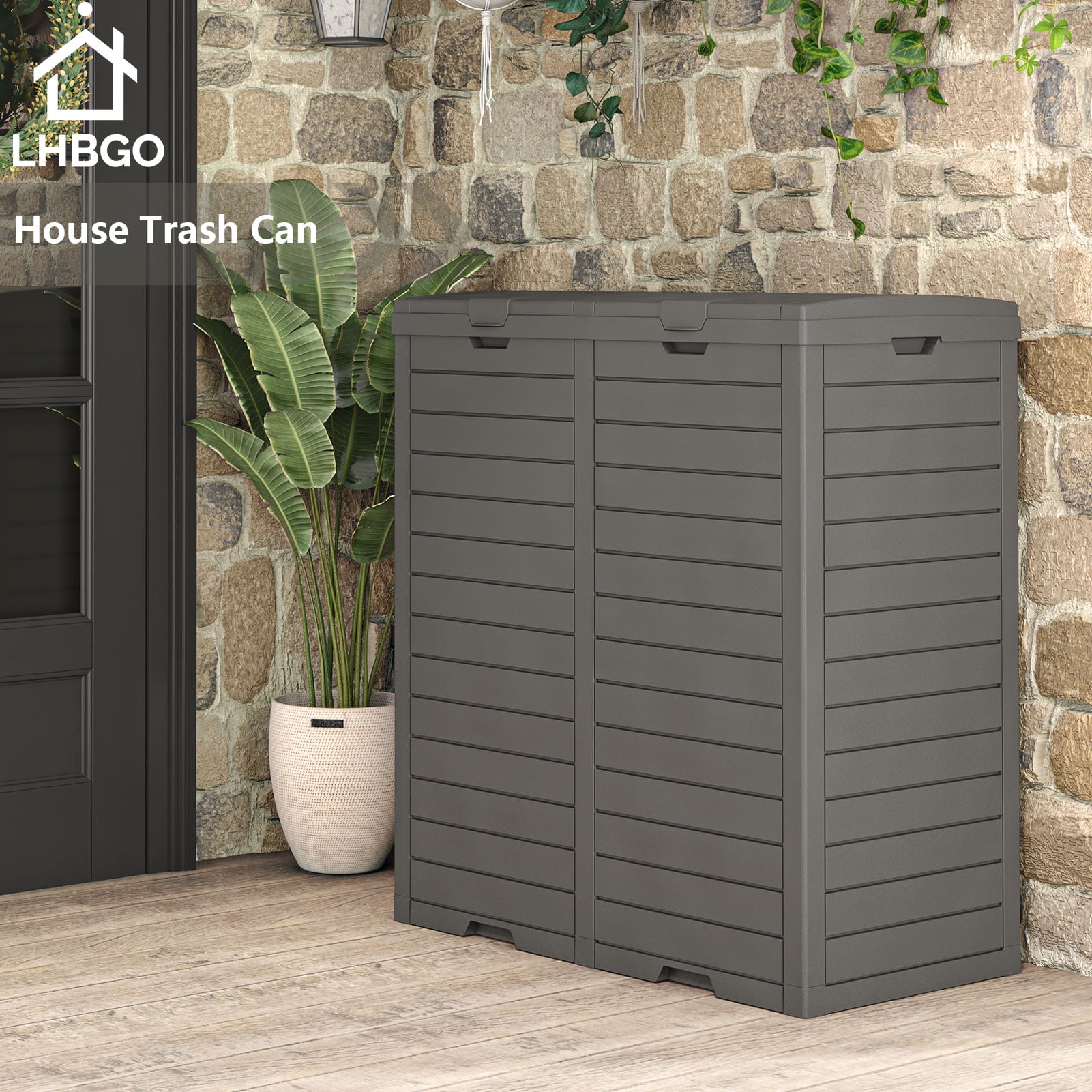 LHBcraft 62 Gallon Outdoor Trash Can, Waterproof Garbage Can with Tiered Lid and Drip Tray, Resin Outside Trash Bin for Patio, Backyard, Deck