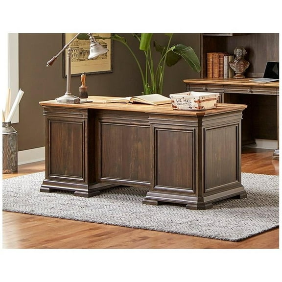 Pemberly Row Double Pedestal Executive Desk Solid Wood Plank Top in Brown
