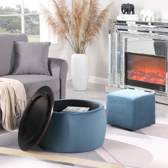 Dtwnek Round Coffee Table Storage Ottoman Set with Footstool, Blue