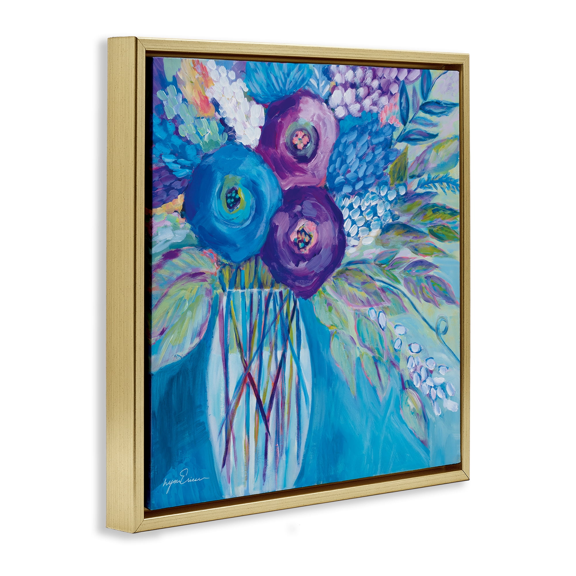 Stupell Industries True Blue Flower Bouquet Gold Framed Floater Canvas Wall Art, design by Lynn Ericson Fine Art