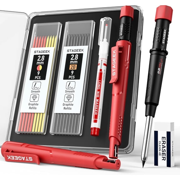 STAGEEK Carpenter Pencil with Sharpener, Mechanical Carpenter Pencils with 19 Refills, construction pencils heavy duty Woodworking Tools, Deep Hole Long Nib Marker Pens for Architect Marking