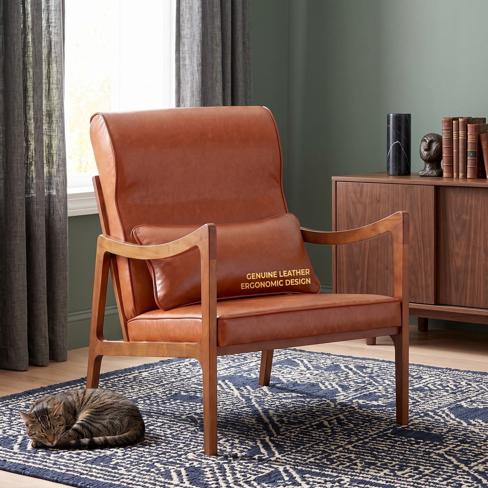 Furnibear Modern Accent Chair, Rubber Wood Faux Leather Upholstered Armchair with Removable Back Seat Cushion & Lumbar Pillow, Padded Living Room Reading Side, Brown