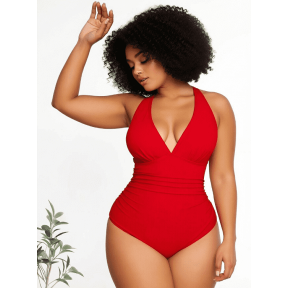 Plus Size Black Halter One Piece Swimsuit with Ruched Waist and Tummy Control, Women's Bathing Suit