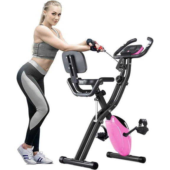 SUWU Foldable Exercise Bike for Home Stationary Magnetic Indoor Cycling Maximum Weight 300 lbs with 10-Level Adjustable Resistance, Arm Bands and Backrest