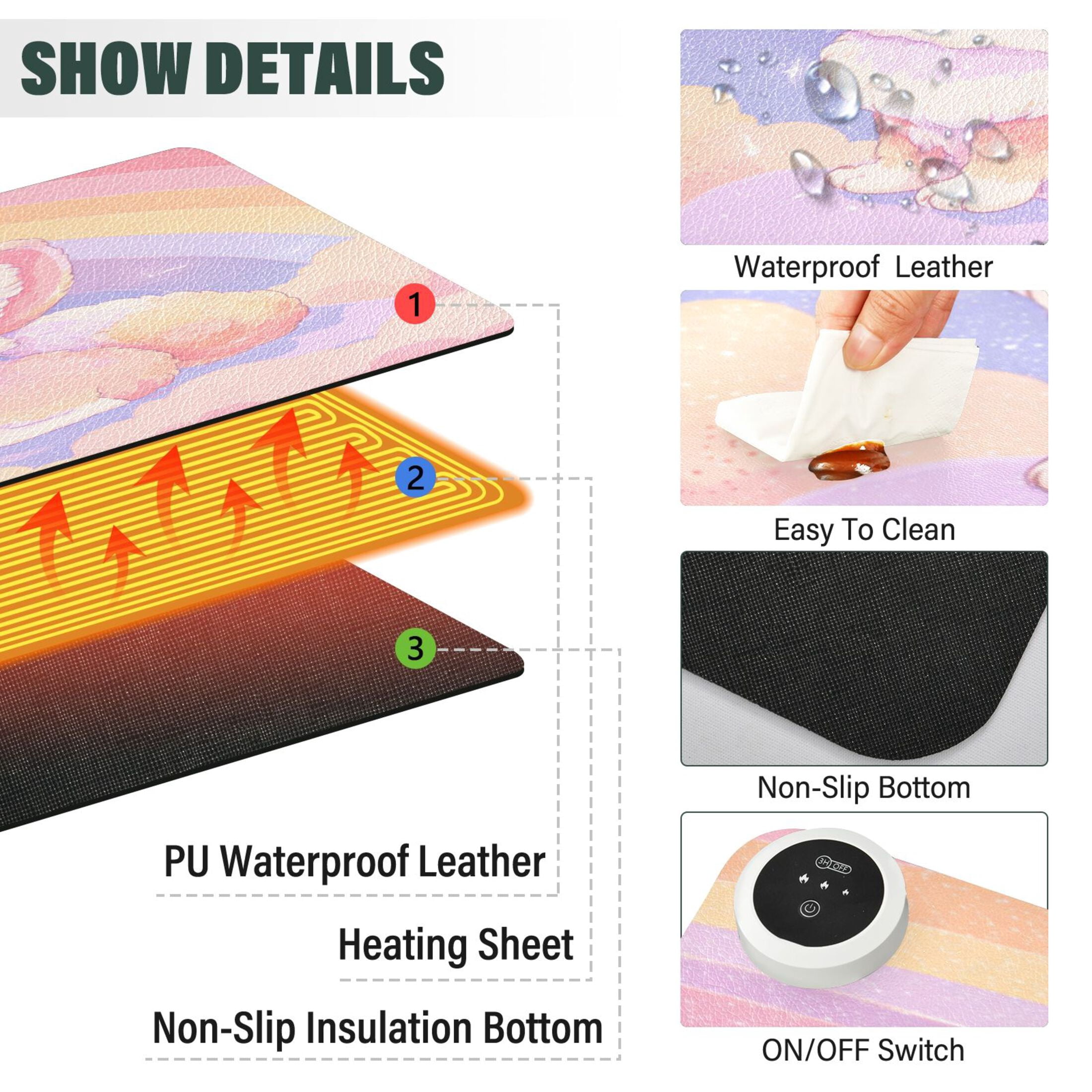 Large Heated Desk Mat Mouse Pad 31.5"x13"PU Leather Graphene Heating Desk Warmer with 3 Temperature Settings 110V US Plug Non-Slip Warm Pad for Home, Office, and Gaming Dreamy Cloud Fox Illustration