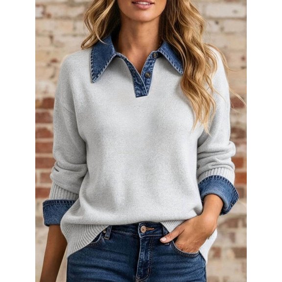 Women's Drop Shoulder Denim Patchwork Sweater Loose Fit Long Sleeve Knit
