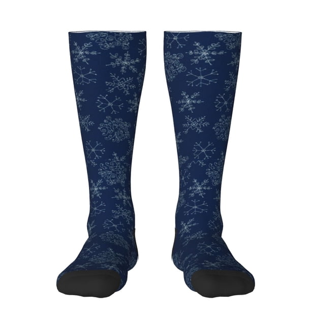Fotbe Snowflake Dark Blue Calcetas Divertidas Estampadas para Hombre y Mujer, Calcetas de Algodón hasta la Rodilla para Caminar, Correr, Enfermería y Embarazo