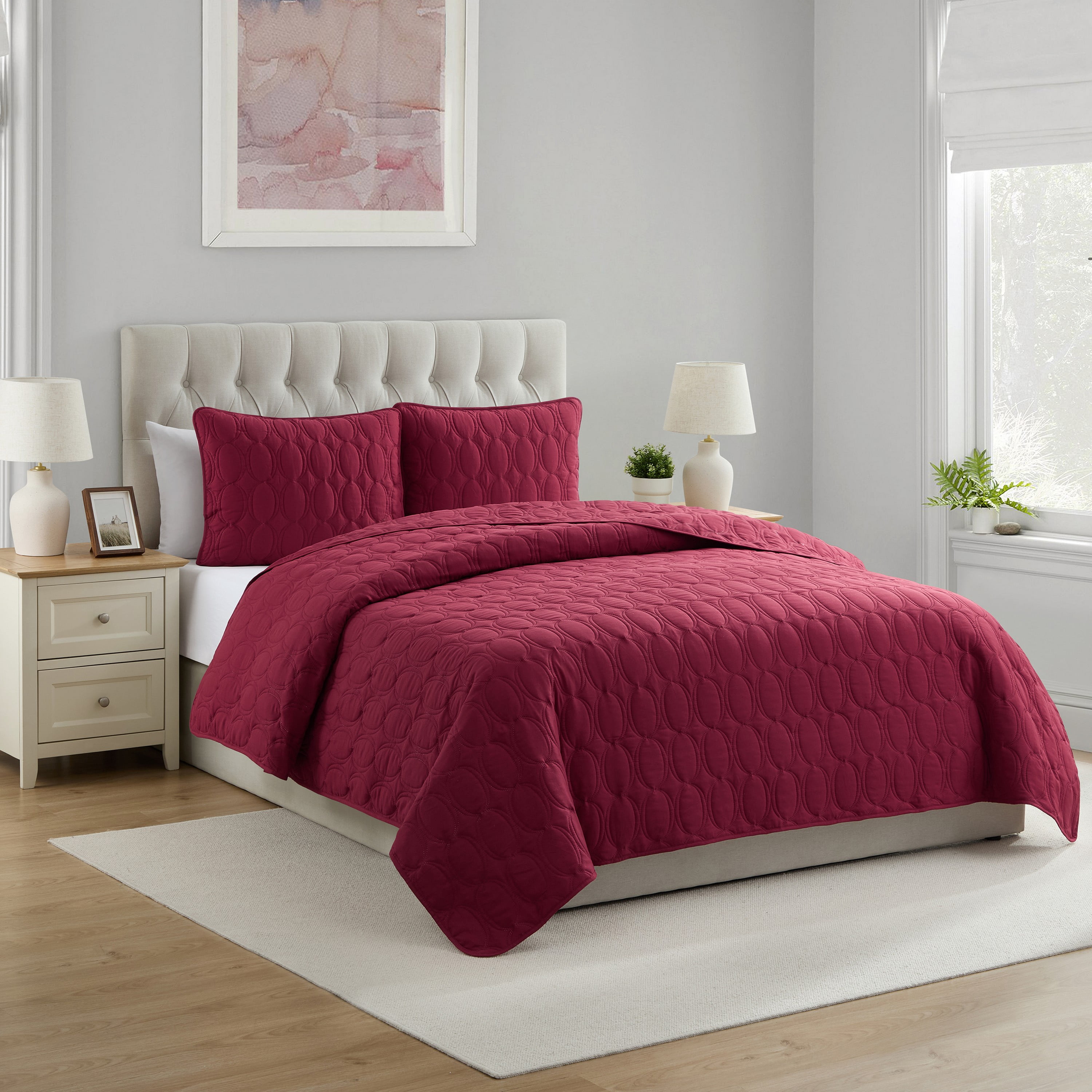VCNY Home Circles 3-Piece Red Geometric Pinsonic Quilt Set, King, Adult, Unisex