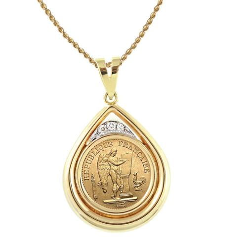 American Coin Treasures 14k Gold French 20 Franc Lucky Angel Piece And Diamond Teardrop Pe Pendant Only No Chain Com - Pendant Only No Chain