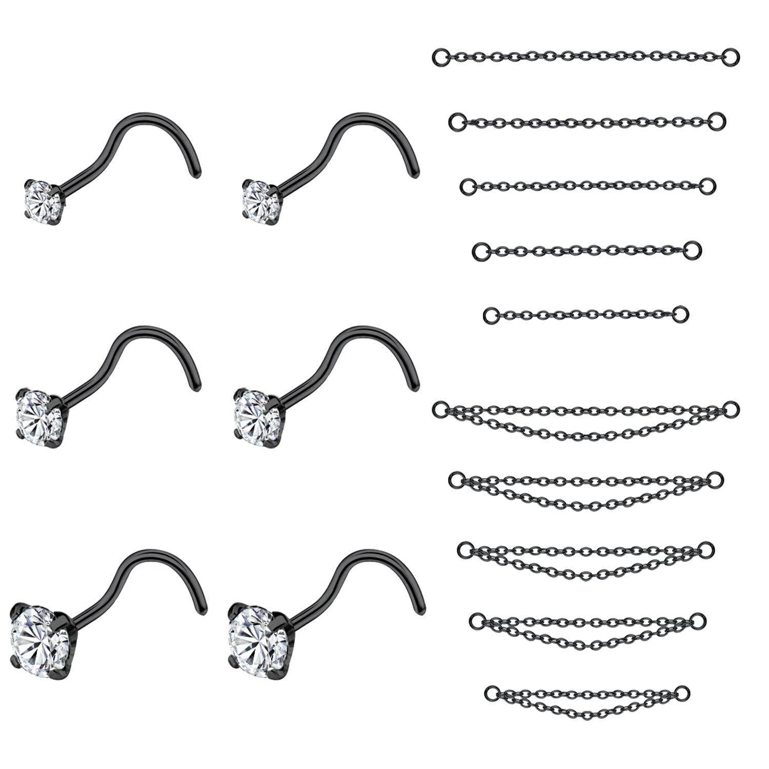 ZS 16Pcs/Set Nose Chain Piercing Across Nose Stud Claw Cubic Zirconia Nose Bone/L Shaped