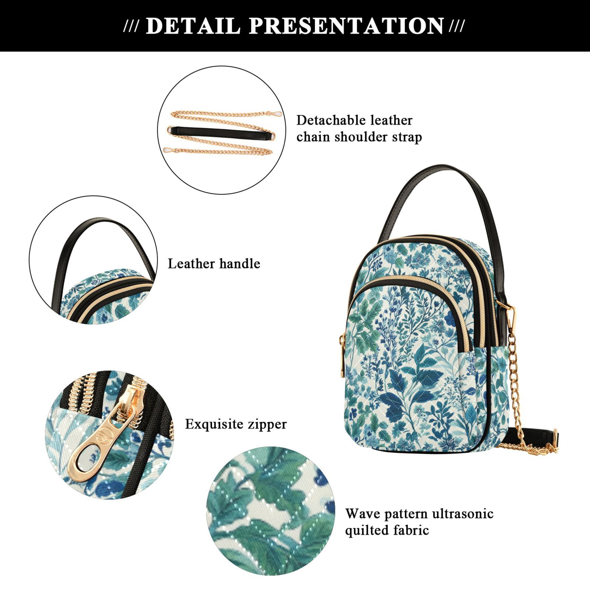 FORMRS Crossbody Bag for Women Quilted Travel Shoulder Cell Phone Purse with Chain Strap Handbag, Beautiful Leaves Pattern