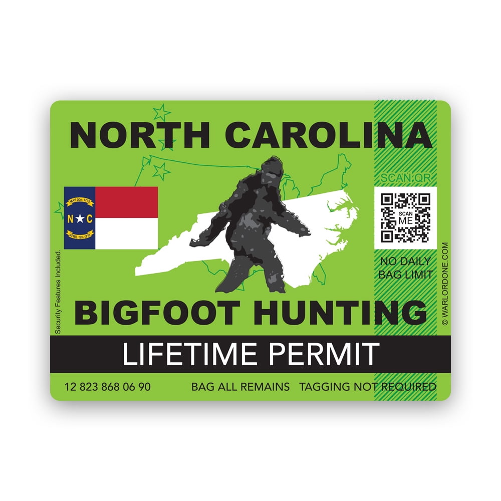 North Carolina Bigfoot Hunting Permit Sticker Decal Self Adhesive