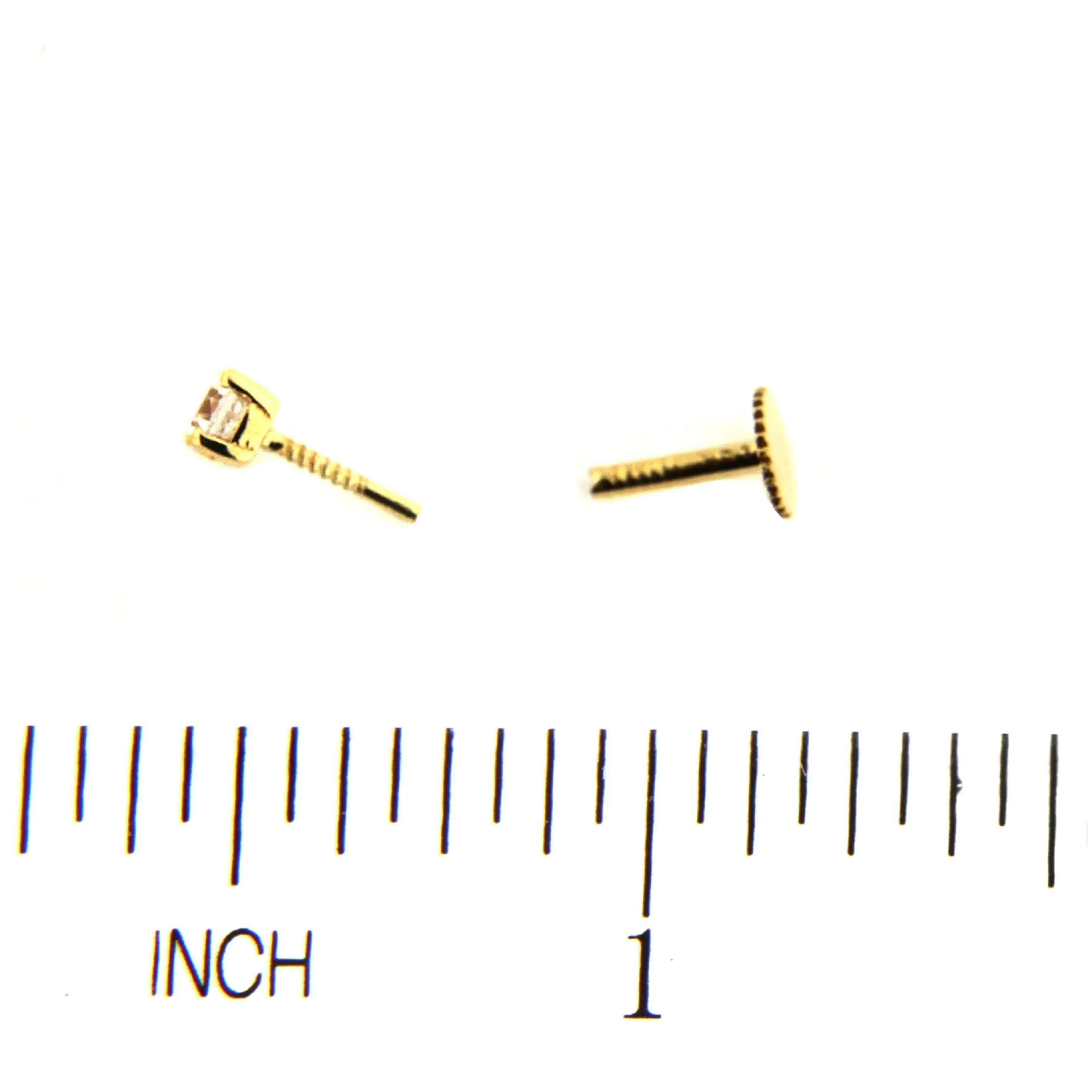 18k Solid Gold  3 mm White Zirconia Threaded Flat Back  Earring