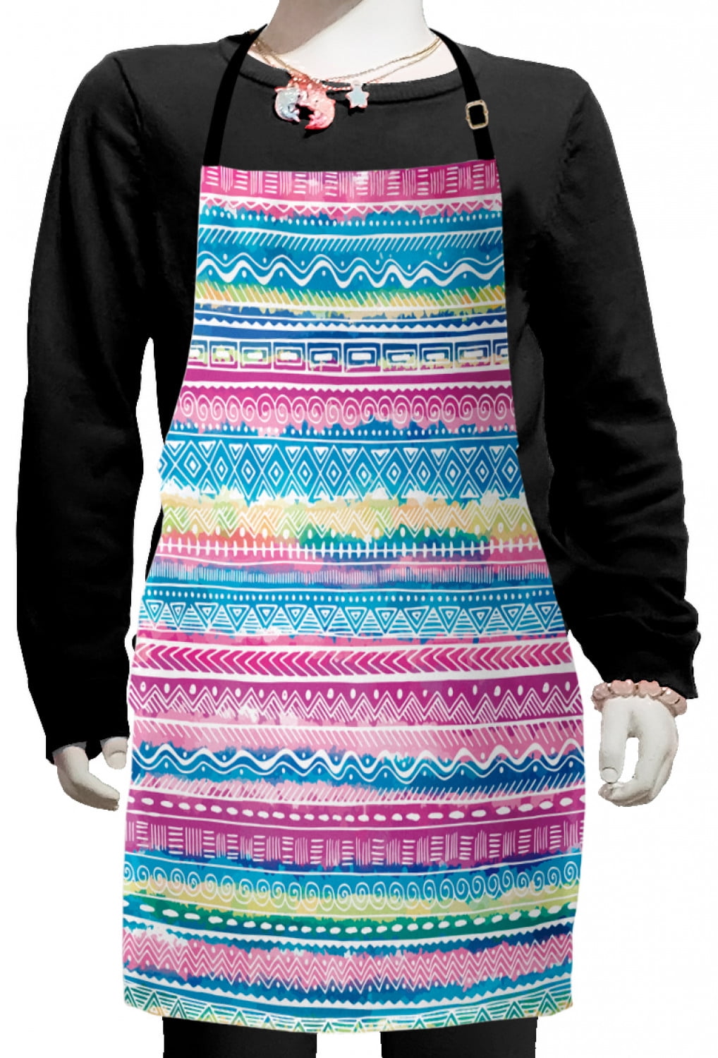 Tribal Kids Apron, Watercolor Tie Dye Effect Artwork Stripes Aquatic Theme Bohemian Aztec Print, Boys Girls Apron Bib with Adjustable Ties for Cooking Baking Painting, Blue Pink Cream, by Ambesonne