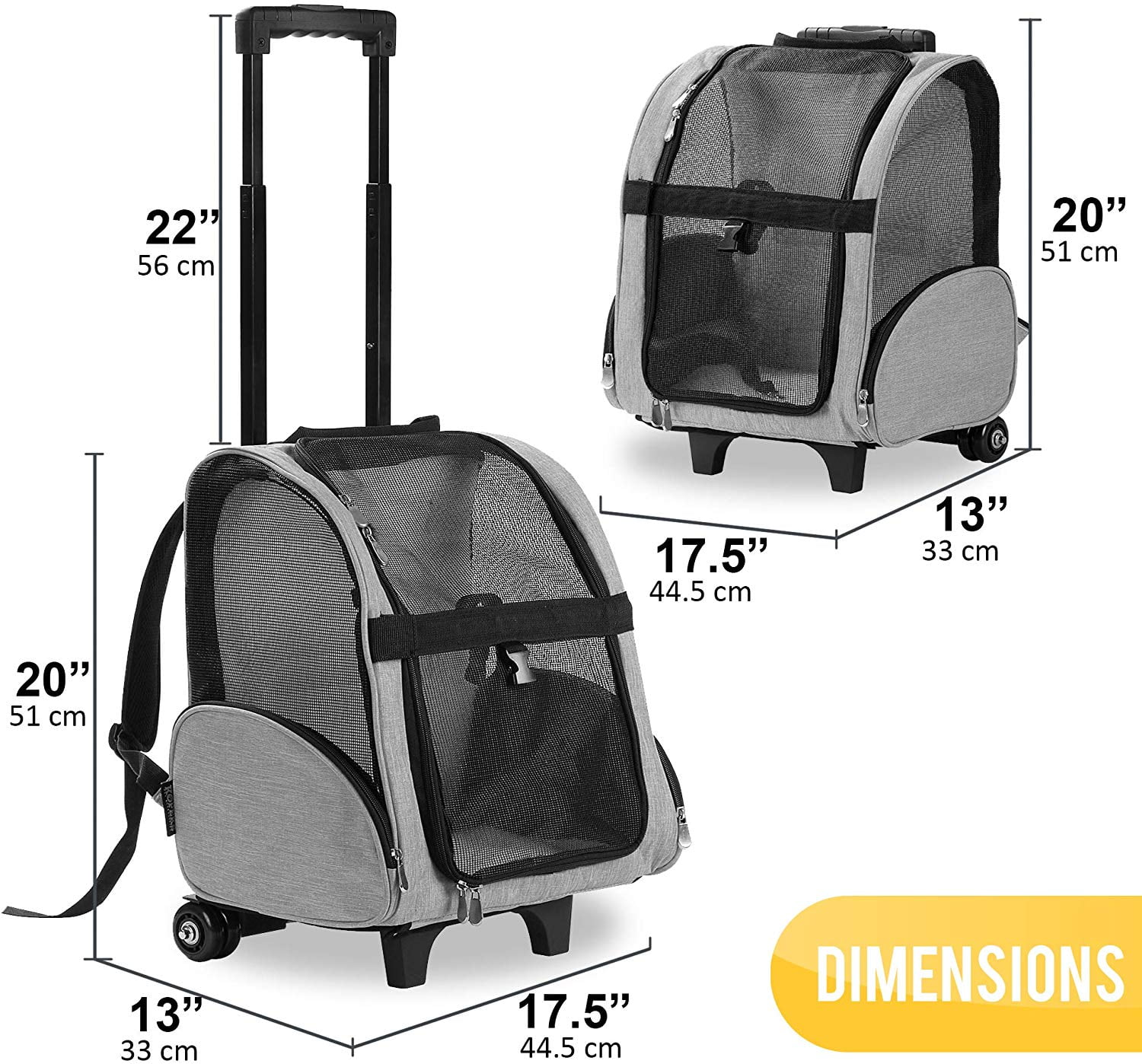 KOPEKS Deluxe Backpack Pet Travel Carrier with Wheels - Heather Gray - Approved by Most Airlines - Large