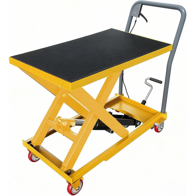 Hydraulic Lift Table Cart 500 lbs Capacity 28.5 In Single Scissor Lift Table with Non-Slip Pad and Locking Wheels for Material Handling Yellow