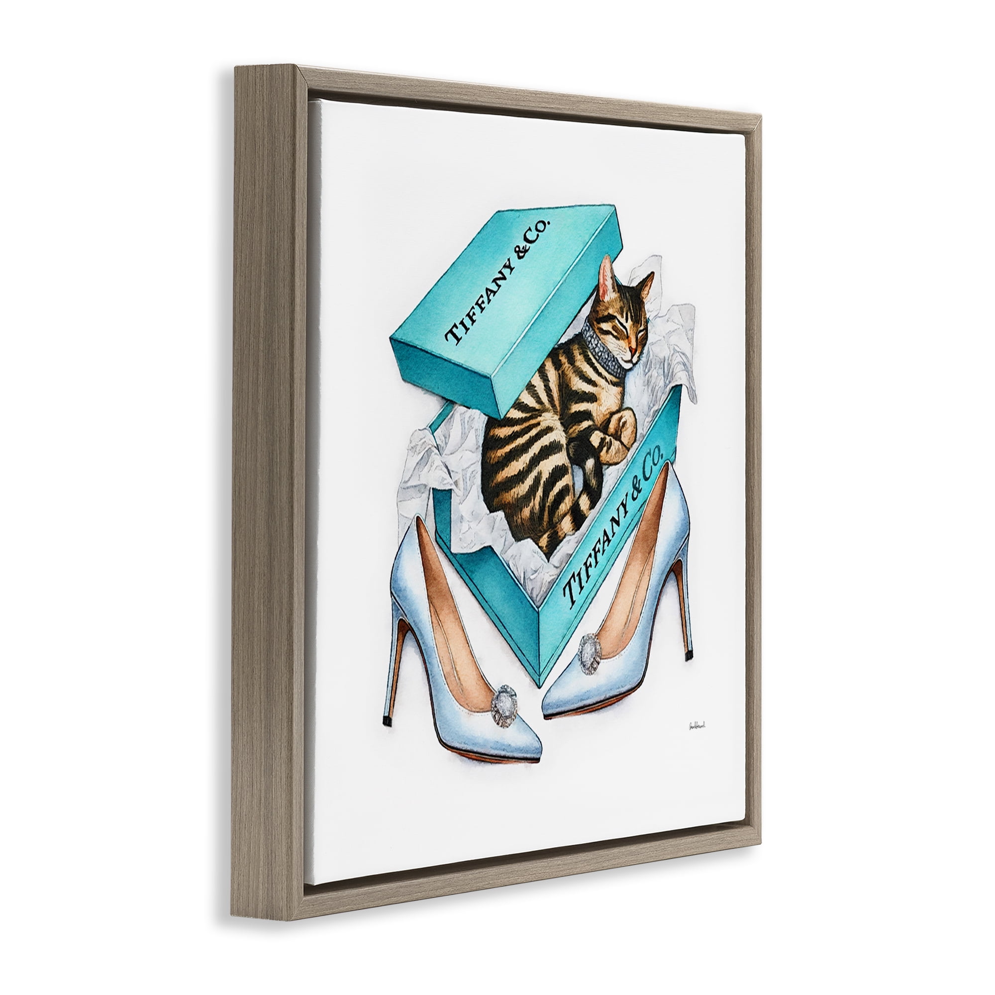 Stupell Industries Blue Shoebox with Kitty Animals Painting Brown Floater Framed Canvas Art Print Wall Art, 25 x 25