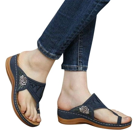 

Duretiony Embroidery Orthopedic Comfy Flip Flop Sandals Open Toe Summer Outdoor Slippers Wedges Slippers for Women