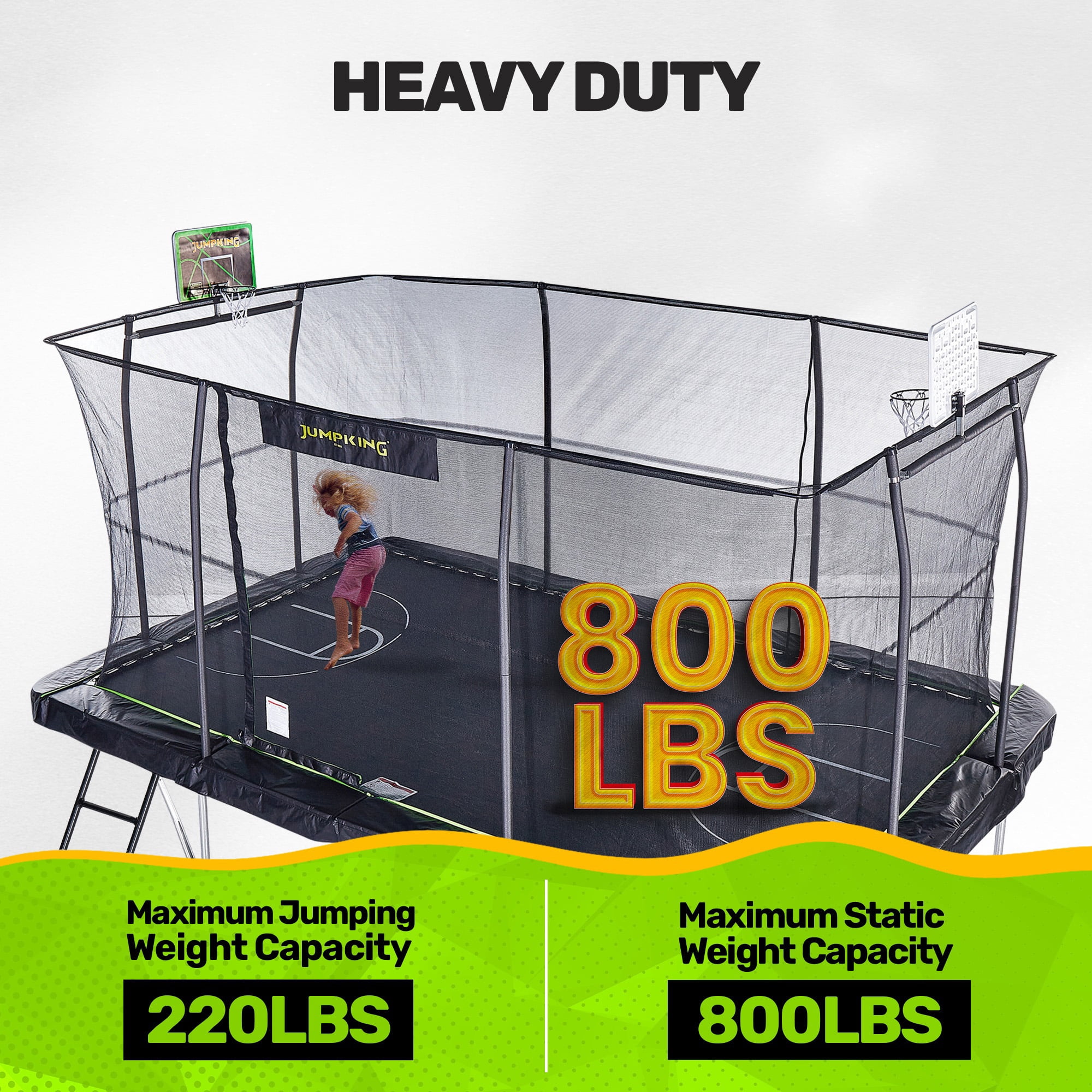 JumpKing 10'x15' Rectangle Trampoline with 2 Powder Coated Basketball Hoops & Breakaway Rim and Ladder- Large Recreational Trampoline for Kids and Adults with Enclosure Net