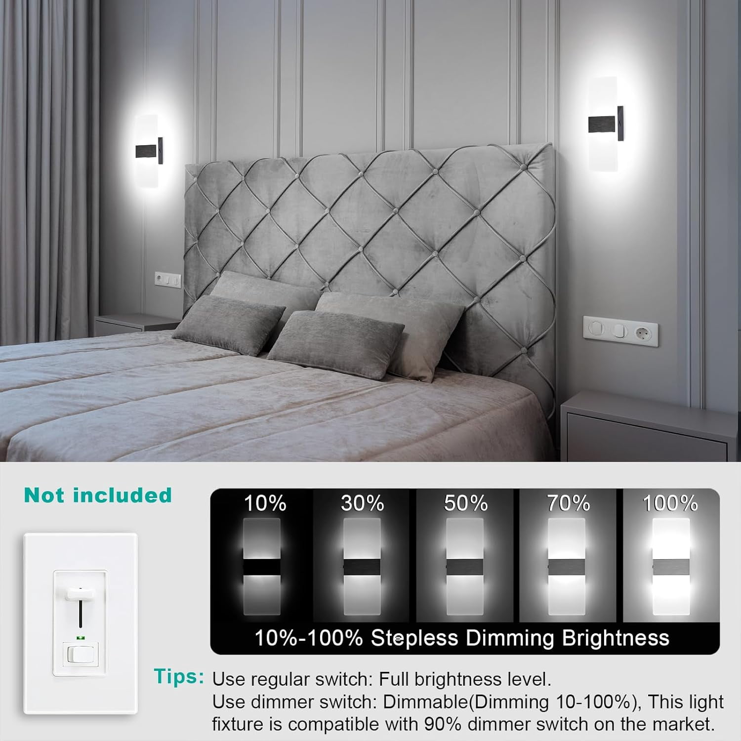 Modern Wall Sconces, Dimmable Wall Sconces Set of 2 Wall Mounted Lights 12W 6000K Cool White Hardwired Wall Sconce Lighting for Bedroom Bedside Living Room Stairway Hotel