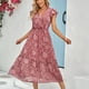thumbnail image 3 of Vestido largo de las mujeres elegante V cuello ruffle floral impresión rodilla longitud vestido para primavera y verano rosa S, 3 of 8