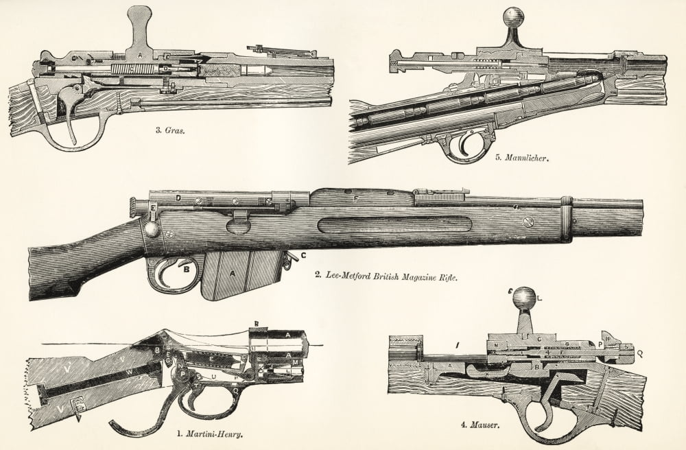 Small arms Firearms 19th century military breech action 1 Martini-Henry 2 Lee-Metford British magazine rifle 3 Gras 4 Mauser 5 Mannlicher From The National Encyclopaedia published c1890 Canvas Art - K