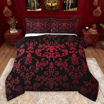 jejeloiu Rustic Victorian Floral Bedding Comforter Set,Boho Exotic Style Twin Comforter Sets,Red Damask Jacquard Bedding Set For Adult,Luxury Bedroom Decor Reversible,2pcs