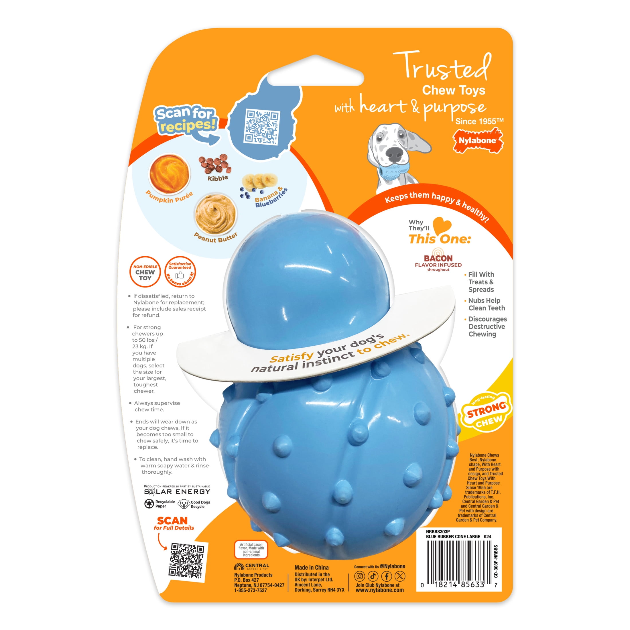 Nylabone Strong Chew Rubber Stuffable Cone Dog Treat, Dog Toys for Large Dogs, Bacon Flavor, Blue, Large