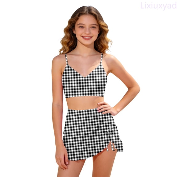 Lixiuxyad Cute Adjustable Strap Bikini With Removable Padding And Swim Skirt For Girls Two Piece Swimwear,2 Piece Bathing Suit Sizes 11-12 Years Black