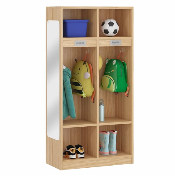 Advwin 2-Section Classroom Coat Locker with 4 Cubbies, 4 Hooks & Acrylic Mirror, Kindergarten Wooden Lockers for Home, School, Nursery, Daycare